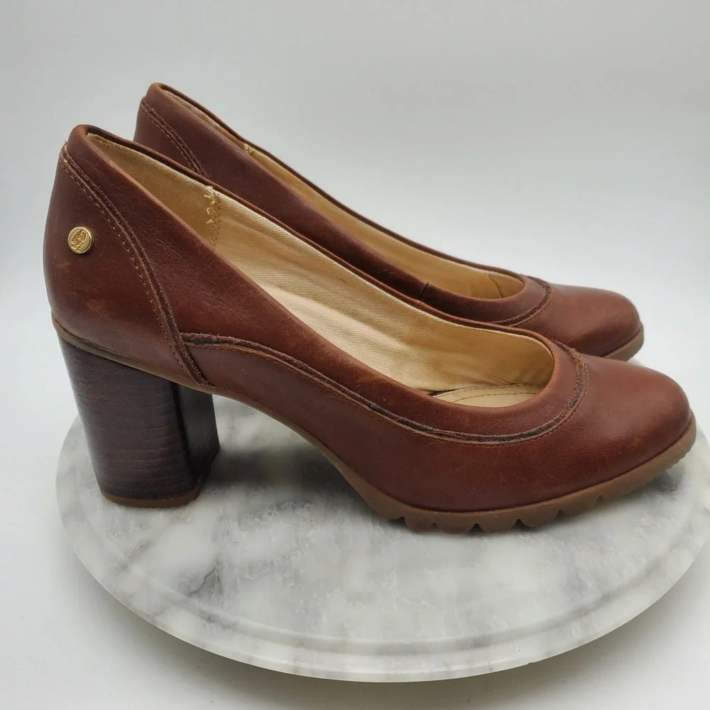Hush Puppies‎ Spaniel Pump Dachshund Brown Leather Block Heel Comfort Shoes 8.5